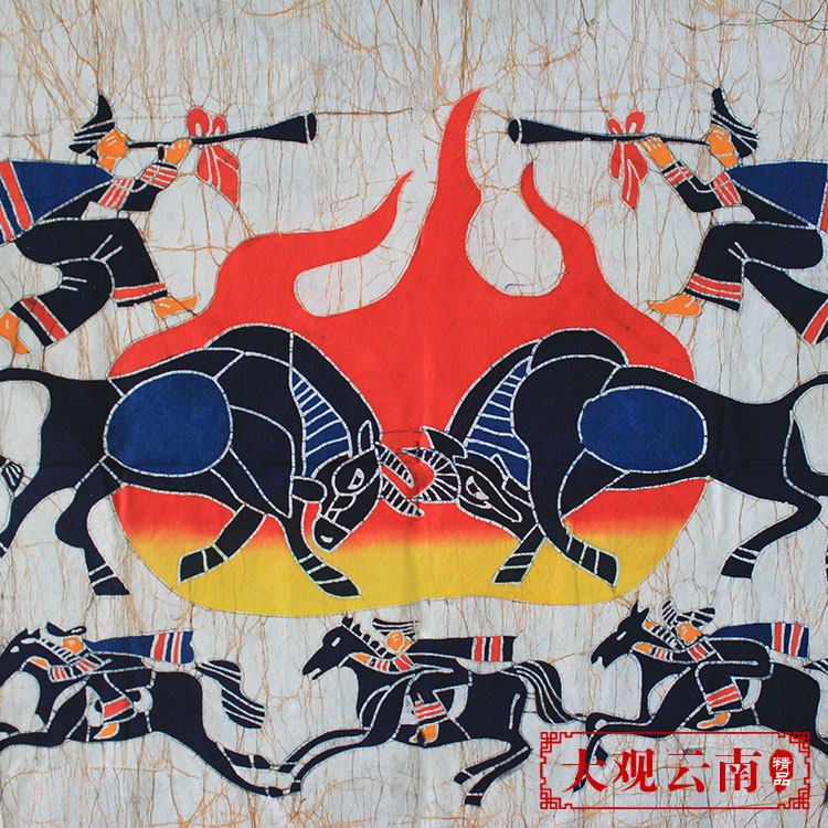 民族风蜡染云南彝族斗牛餐厅客厅酒吧装饰壁画苗族蜡染