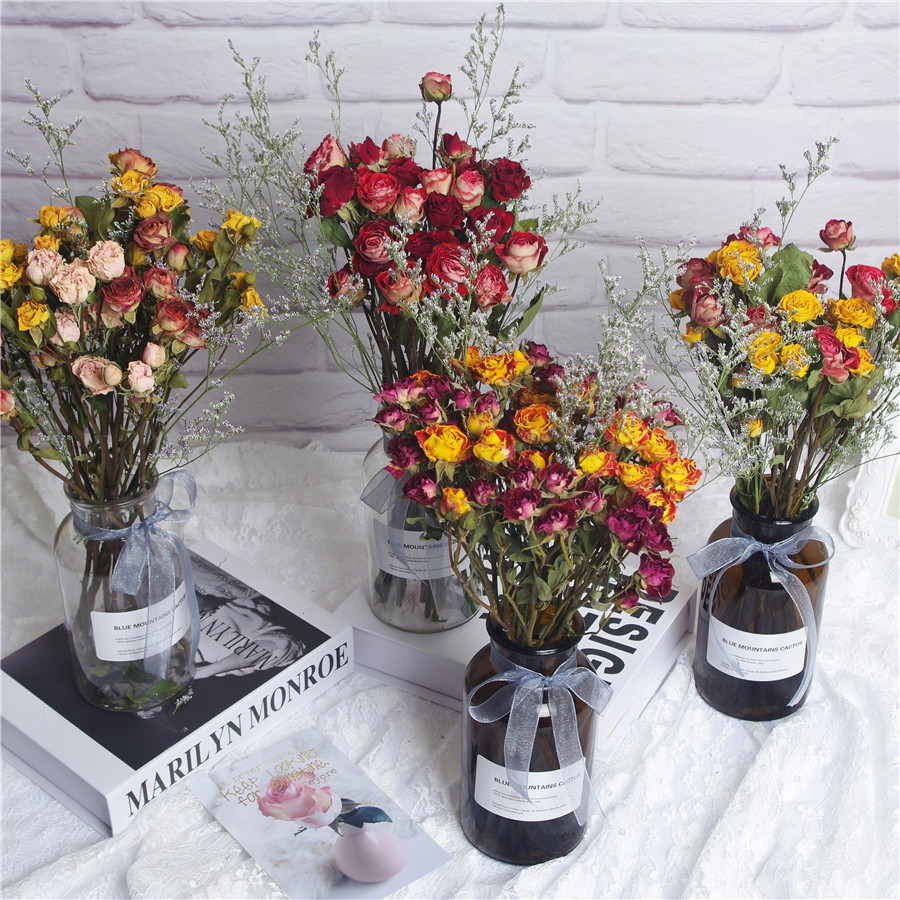 玫瑰花干花永生花花束情人草书房桌面装饰ins北欧风摆件小玻璃瓶