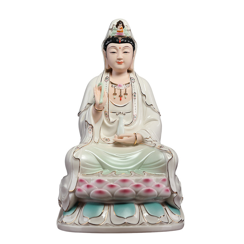戴玉堂陶瓷坐莲观音绿衣佛像客厅菩萨供奉家用装饰摆件