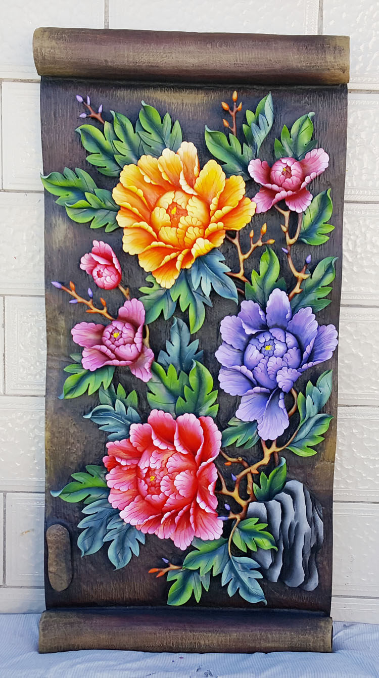 手工云南木刻工艺品特色木雕重彩彩绘富贵牡丹木雕