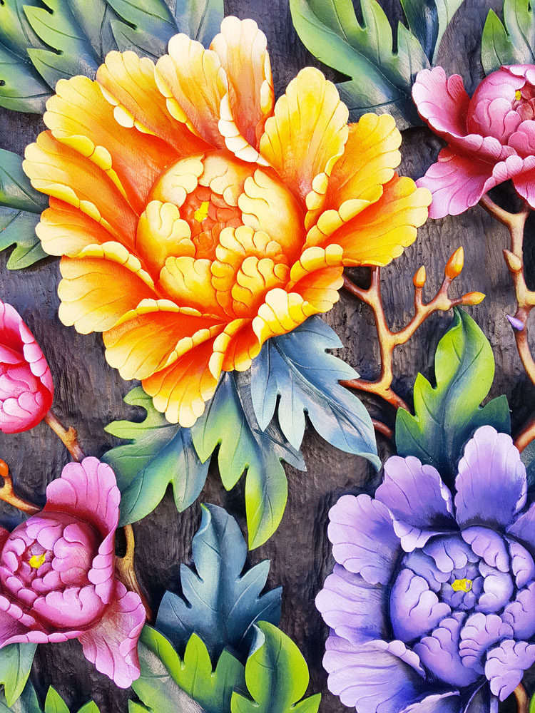 手工云南木刻工艺品特色木雕重彩彩绘富贵牡丹木雕