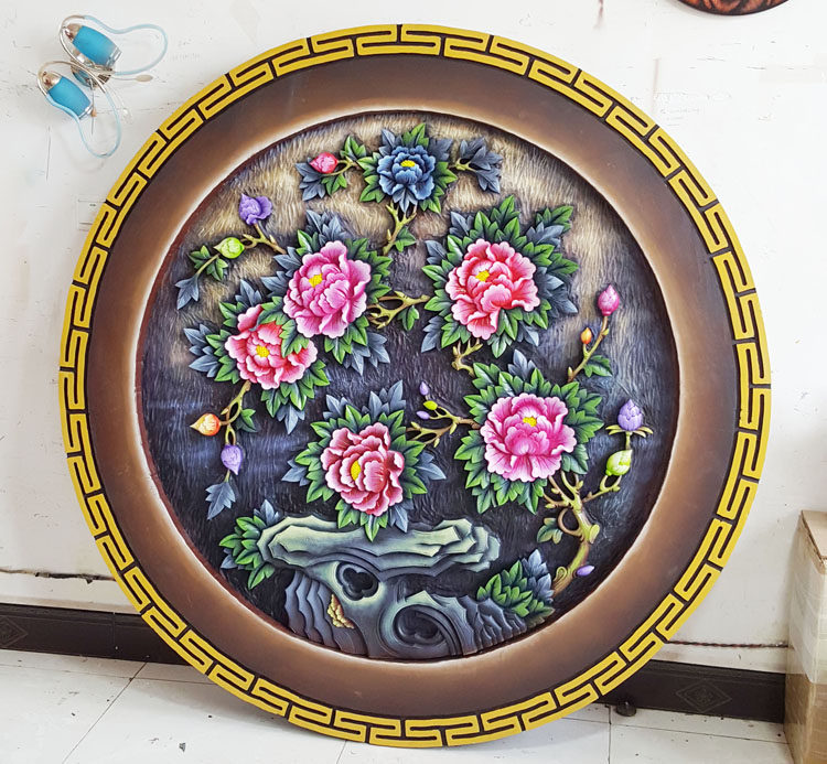 木刻工艺礼品丽江特色木雕手工彩绘富贵牡丹圆盘木雕