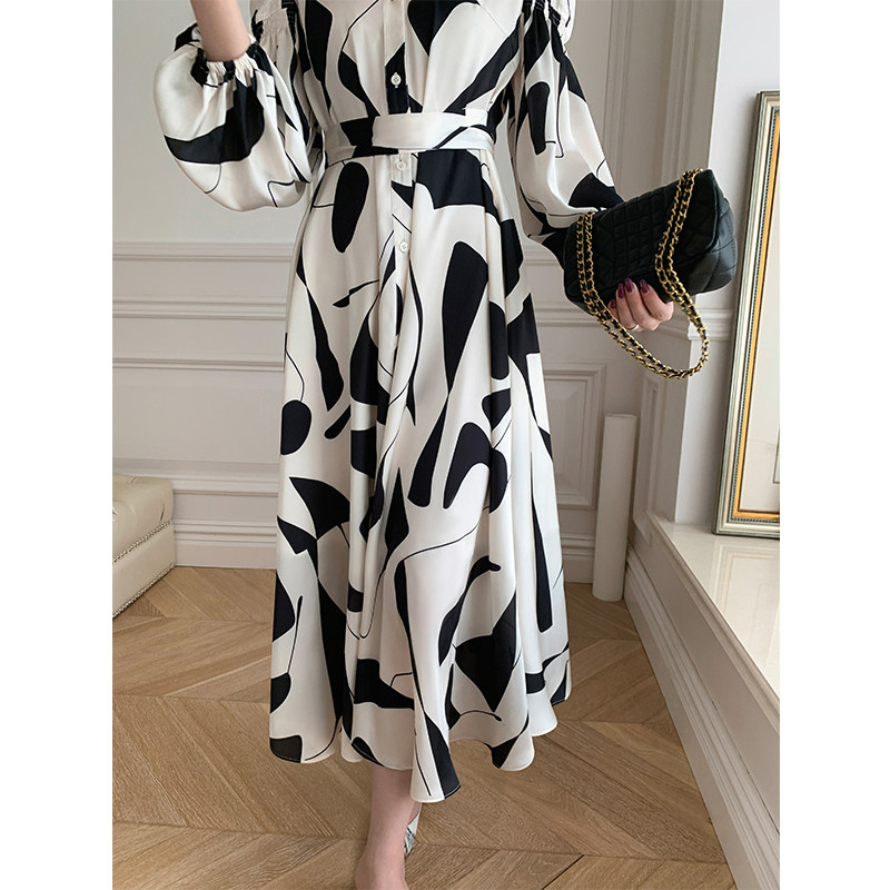 mona原创女装长袖连衣裙春夏高腰显瘦设计印花连衣裙