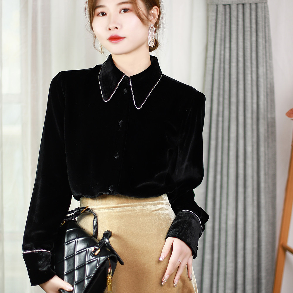黑色衬衫女新款2020秋冬真丝丝绒钉珠设计感小众打底衬衣上衣