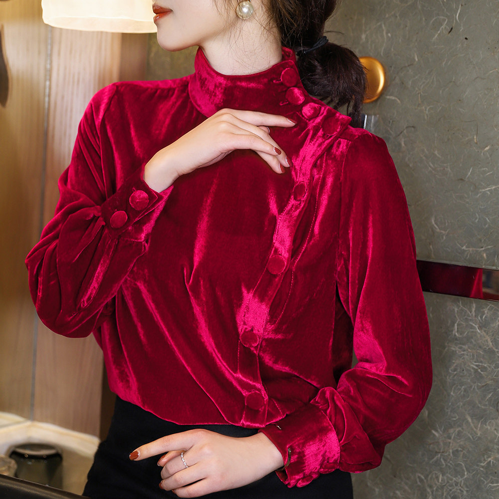复古红色 高领真丝丝绒长袖上衣女 宽松排扣秋冬可内搭打底衫女