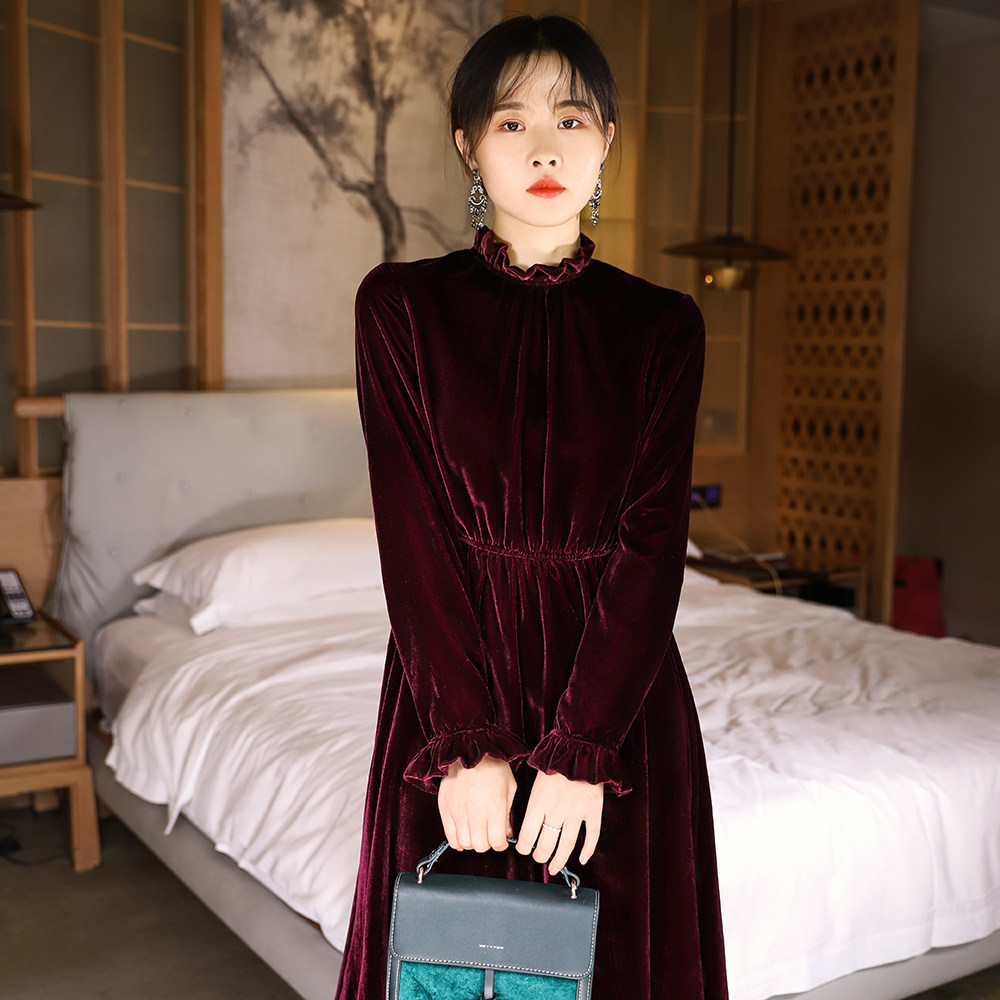 法式复古 真丝丝绒连衣裙女黑酒红 秋冬宫廷风立领木耳边气质长裙