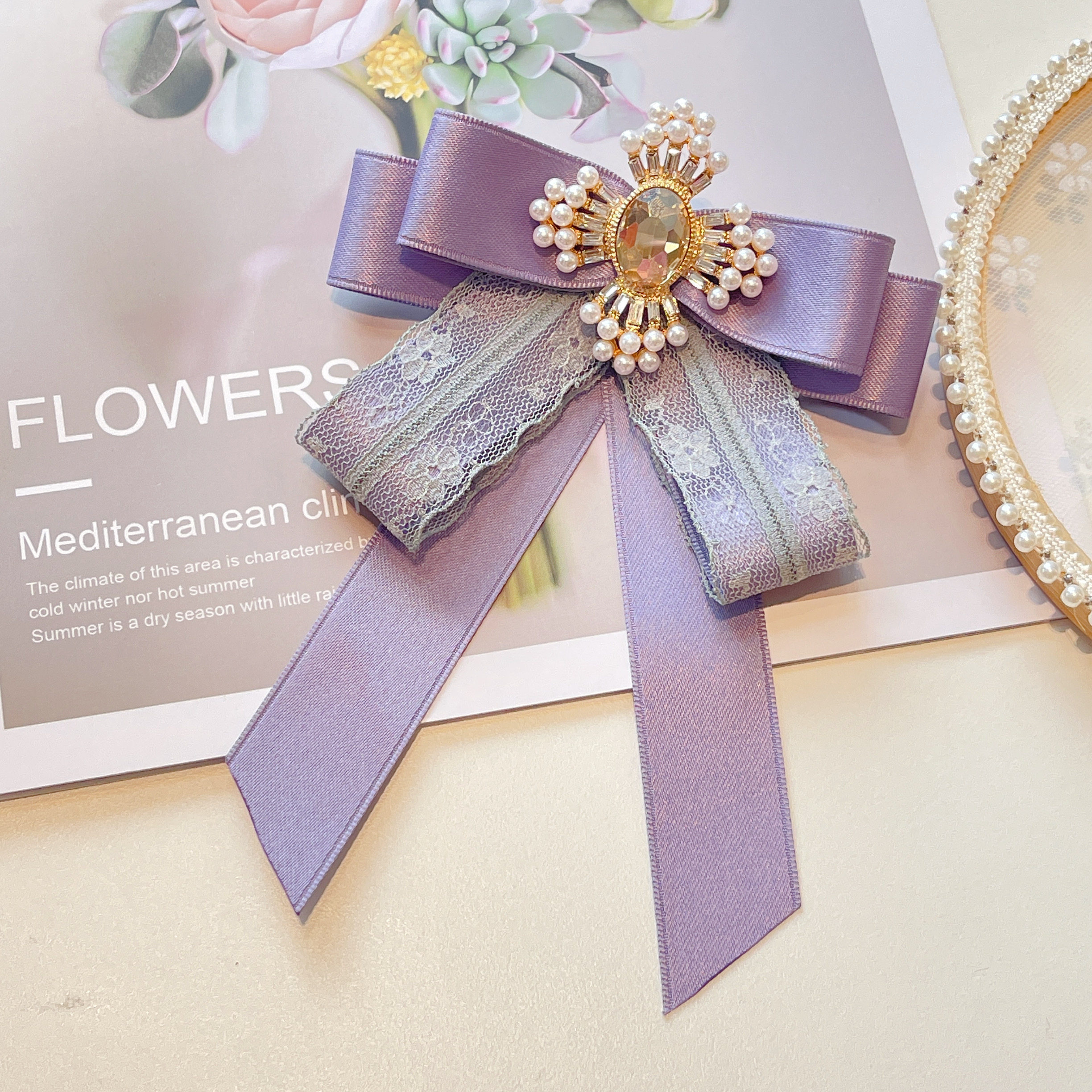 韩版粉色珍珠蕾丝蝴蝶结领结女衬衫领口装饰品飘带领结