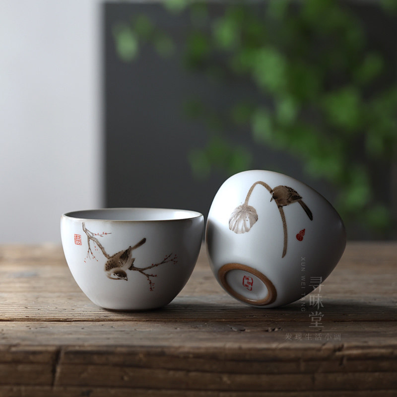 月白汝窑国风茶杯复古品茗杯茶盏四君子主人石榴茶杯