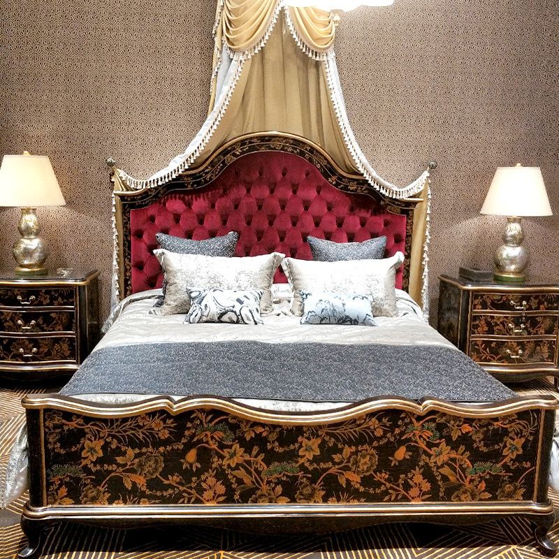 茱莉安黑色金色艺术彩绘实木大床奢华重工床头柜实木床