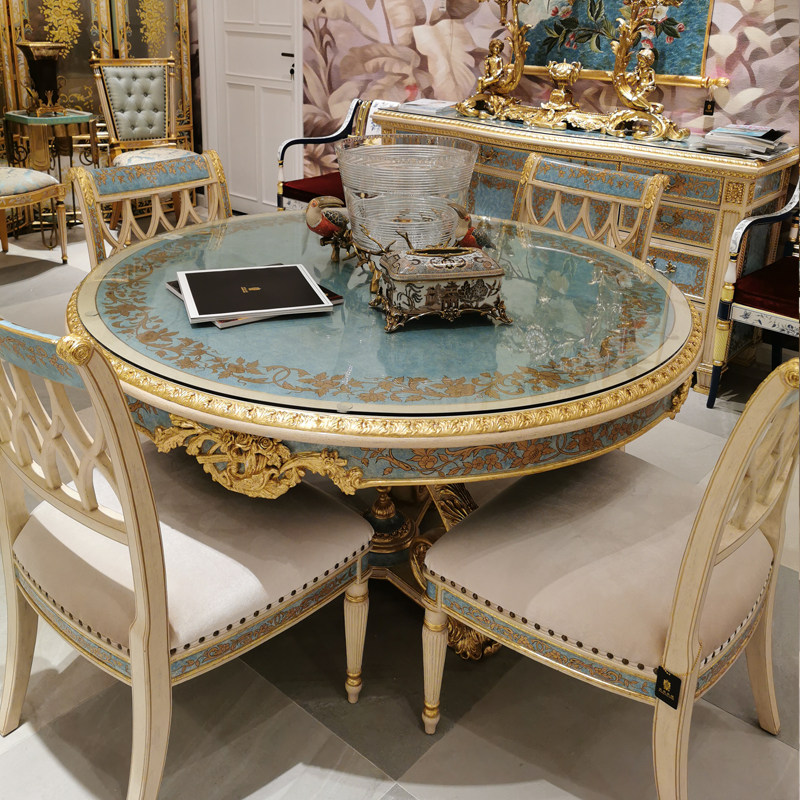 茱莉安法式宫廷唯美实木蓝色雕刻贴金金箔描金实木餐桌