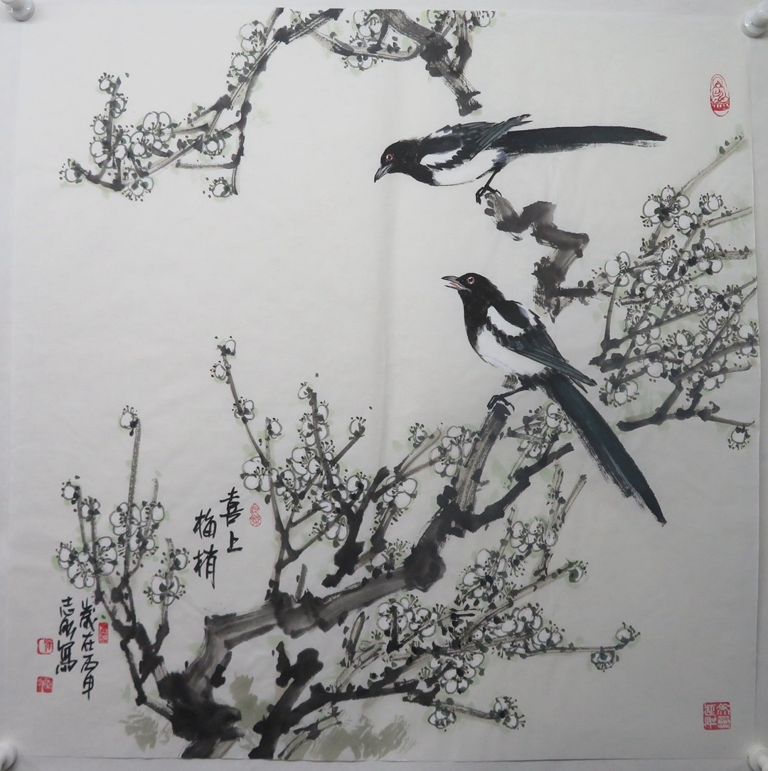 喜鹊吴志刚抬头鹊登梅梅梢喜上眉梢中国画手绘手工斗方国画