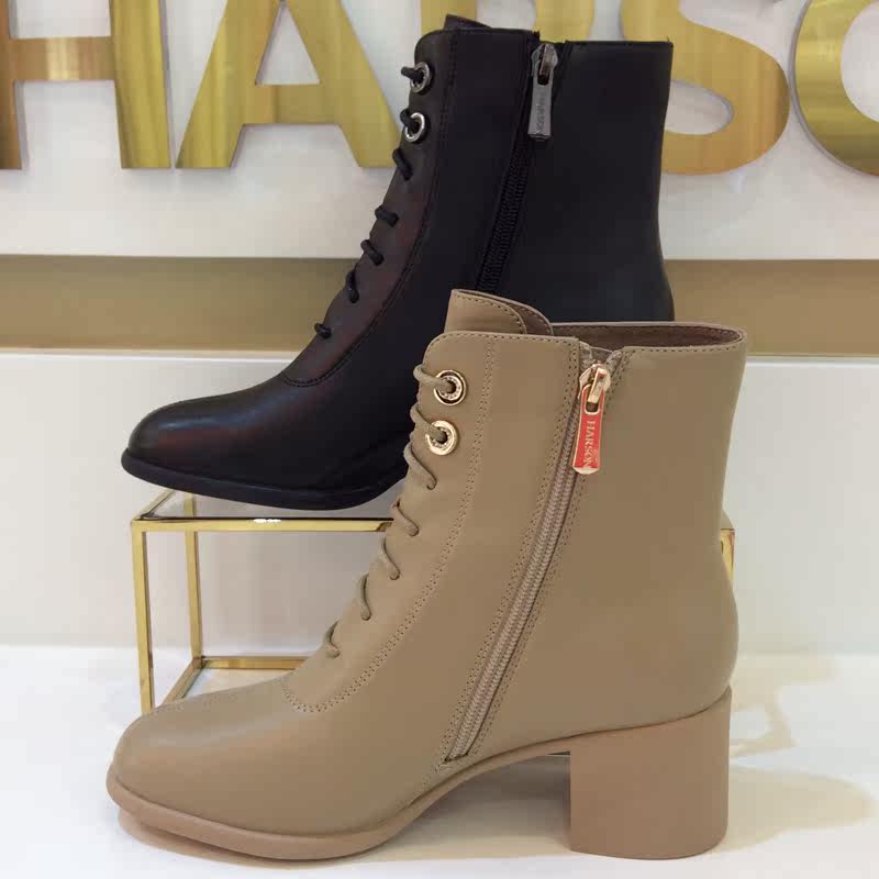 哈森harson专柜正品2022冬季新款中粗系带迷你时装靴