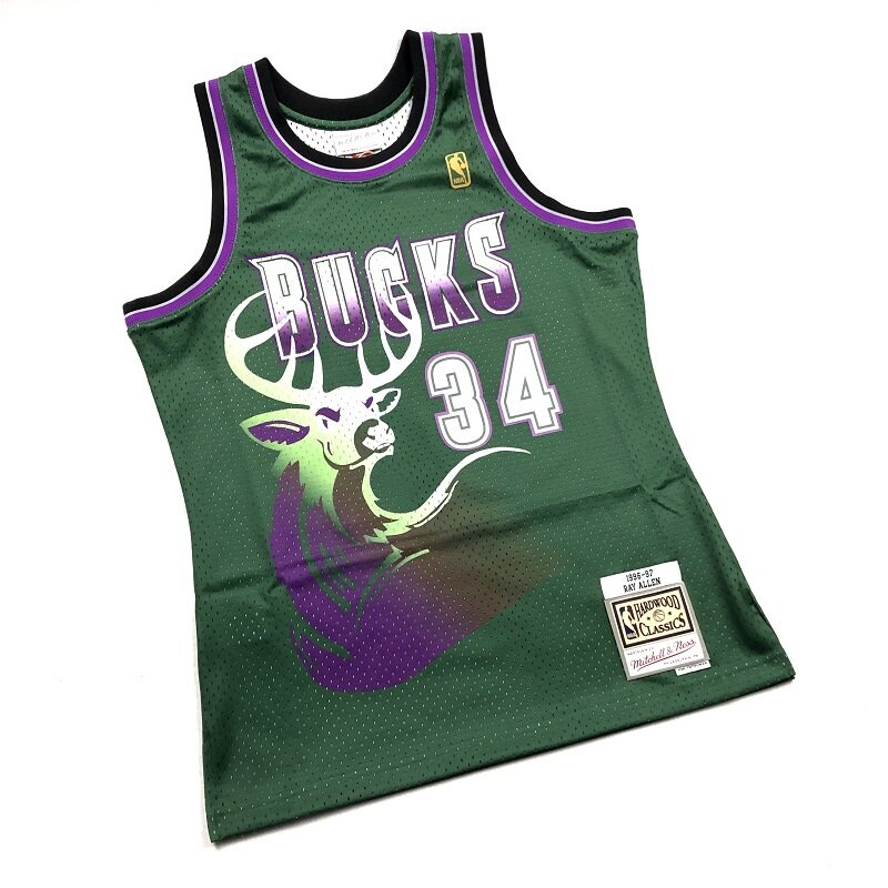 mitchellnessmn雷阿伦9697雄鹿鹿头复古金标球迷篮球服