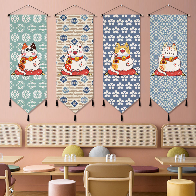 招财猫日式挂布装饰画餐厅玄关布艺挂毯背景ins挂毯
