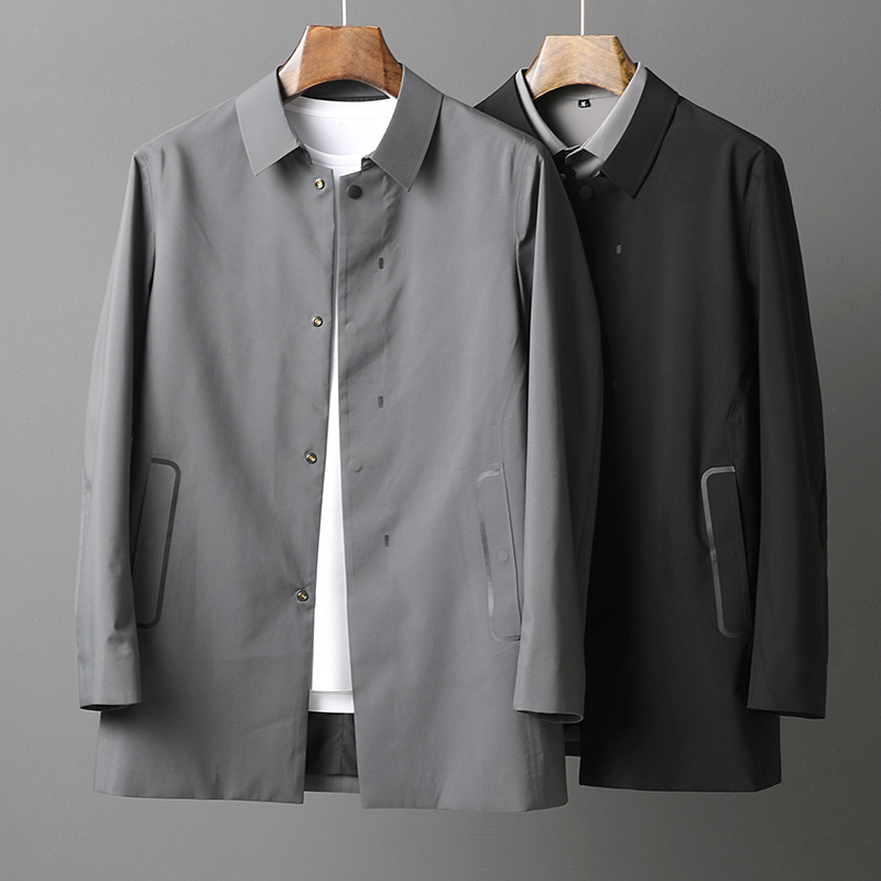 轻奢简约中长款风衣男 风度凛然 春秋高端纯色修身男士翻领外套薄