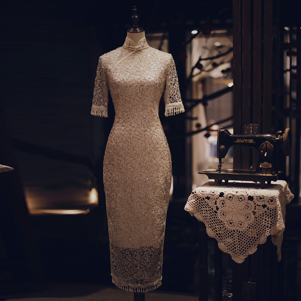 旗袍旧日西关小姐民国名媛织金镂空珍珠流苏旗袍