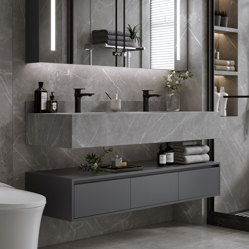 双盆岩板一体现代简约轻奢奢风浴室柜组合洗脸洗手浴室柜组合