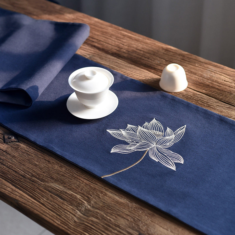 原创刺绣莲花茶席棉麻布艺禅意新中式干泡茶台布复古桌旗创意定制
