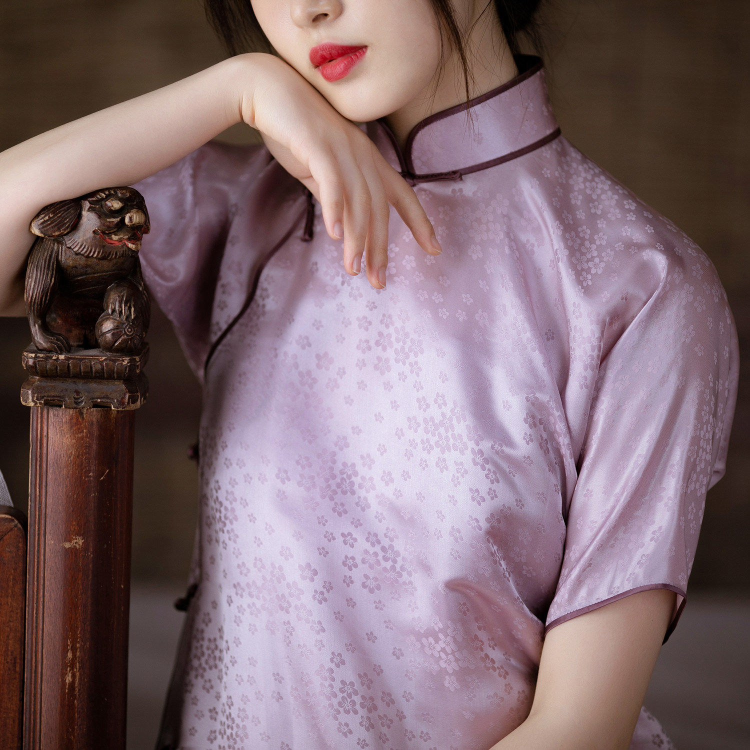 紫菱丨春夏款丝棉提花缎中式复古民国风短袖无省盘扣中袖古法旗袍