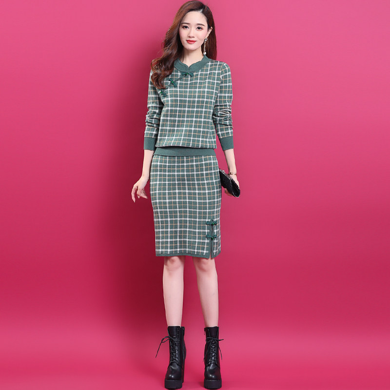 中国国风盘扣旗袍套装裙女时尚两件套裙秋冬时尚套装