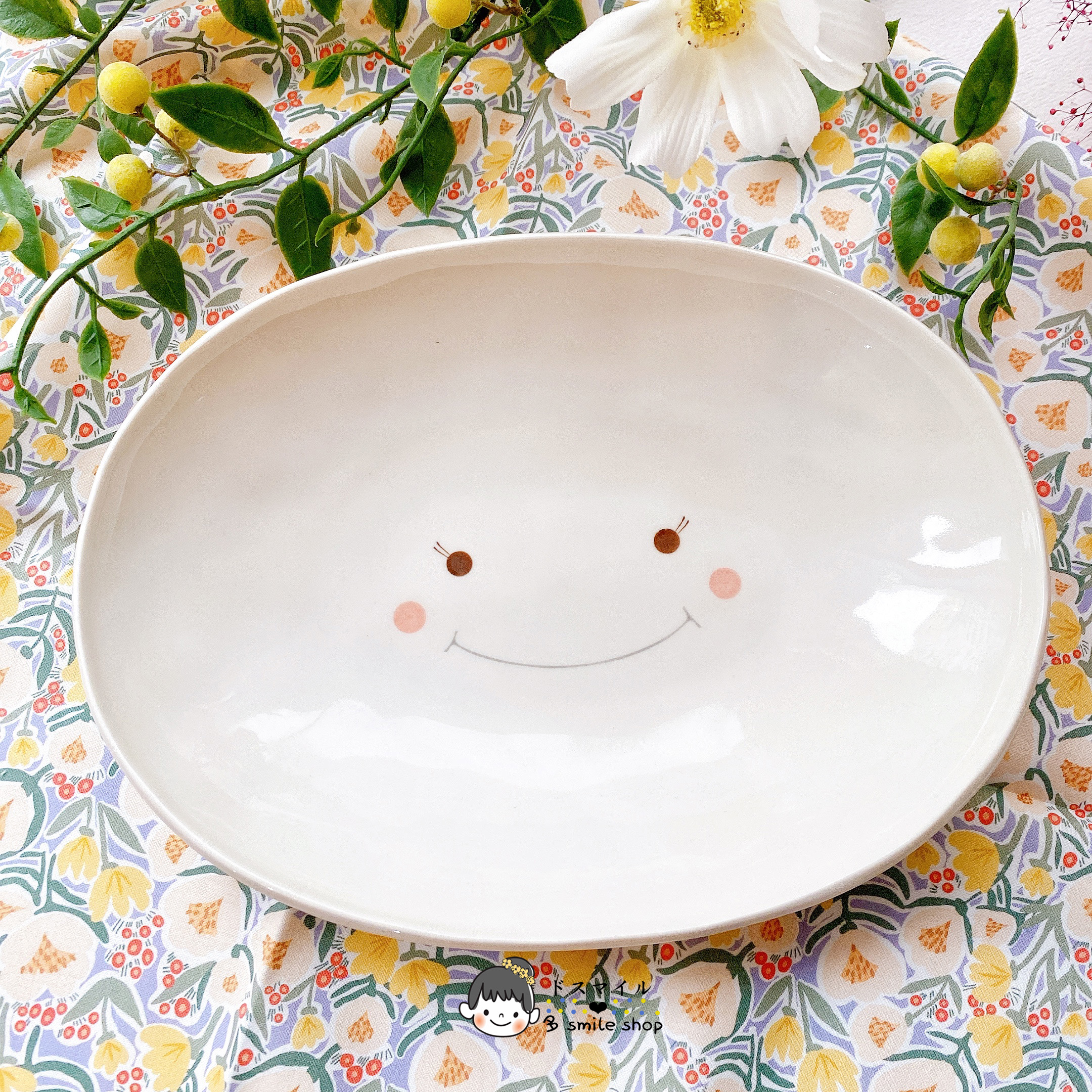 日本进口濑户可爱笑脸咖喱椭圆深陶瓷釉下彩盘