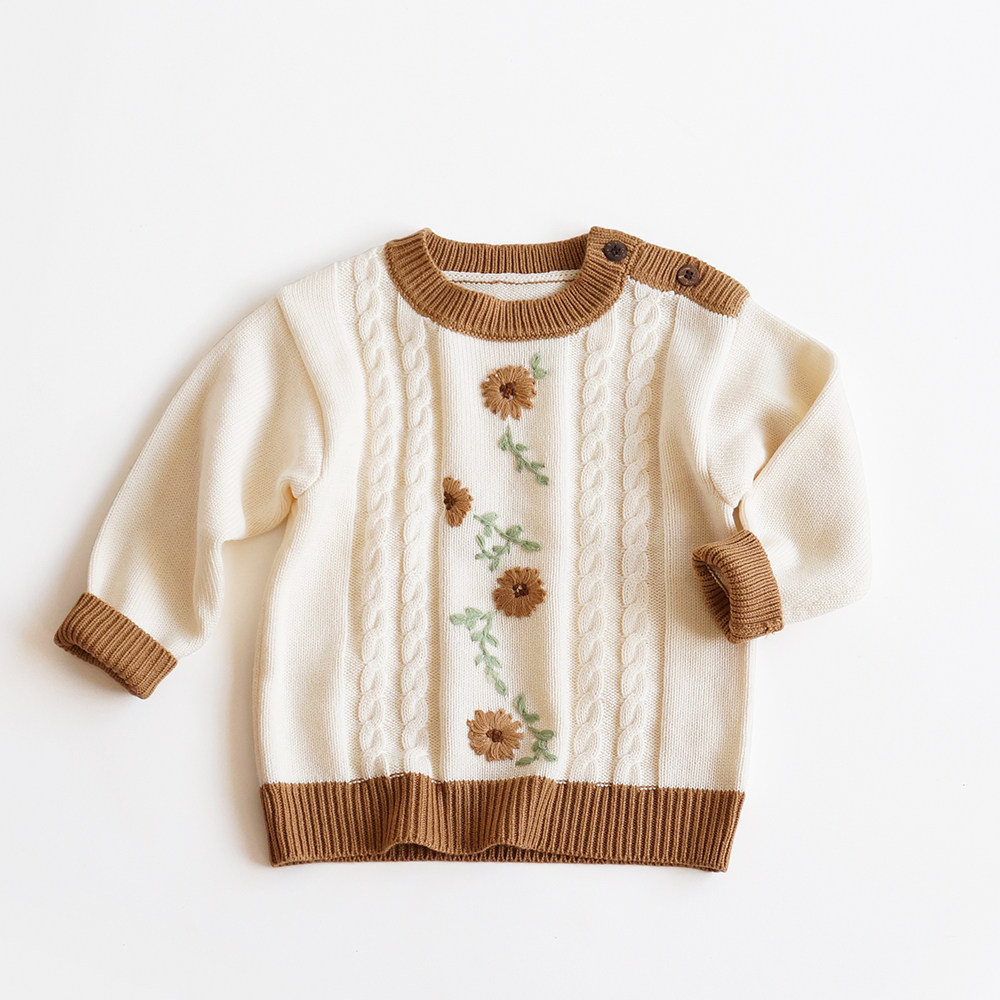 女童毛衣2019春秋新款儿童秋冬装套头圆领宝宝绣花针织棉线打底衫