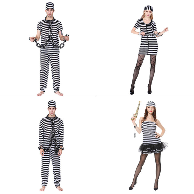 万圣节服装化妆舞会cosplay短袖黑白条纹囚衣成人男女服囚犯演出