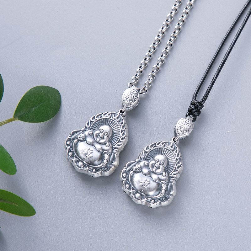 弥勒佛笑佛纯银吊坠复古大肚佛银项链999足银佛像挂件男女毛衣链