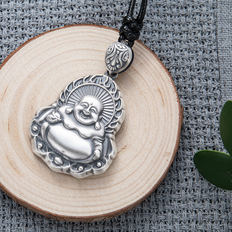 999足银复古弥勒佛笑佛吊坠保平安护身符纯银项链大肚佛女毛衣链