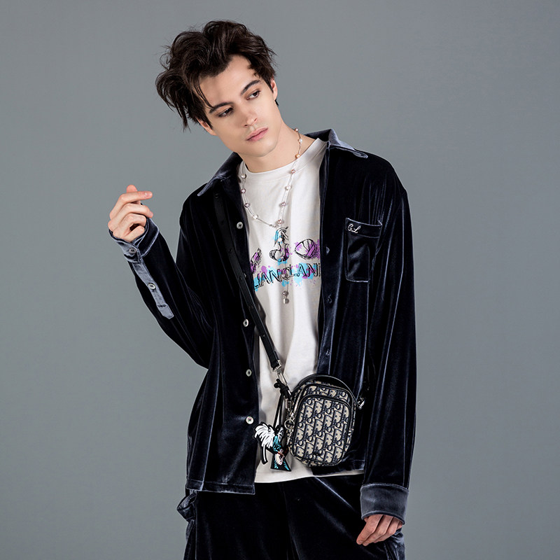 gallianolandor藏青青色明星同款丝绒衬衫早秋新品衬衫