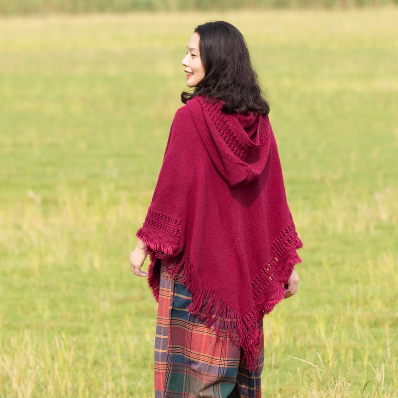 纯色色带披巾针织外搭春秋休闲流苏连帽套头围巾