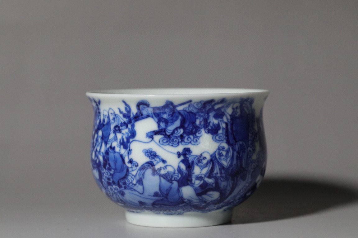 余寅窑青花重工人物十八罗汉悟空炉式杯品茶茶杯茶杯