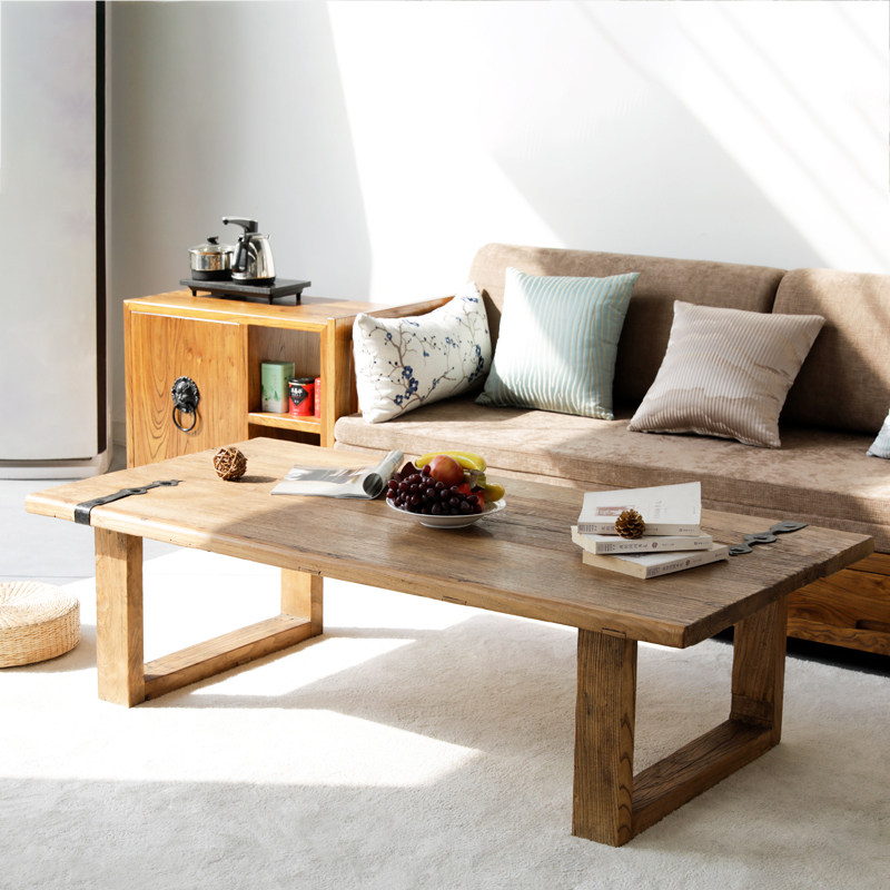 古朴年代自然多功能原木门板榆木风化自然风免漆中式茶几