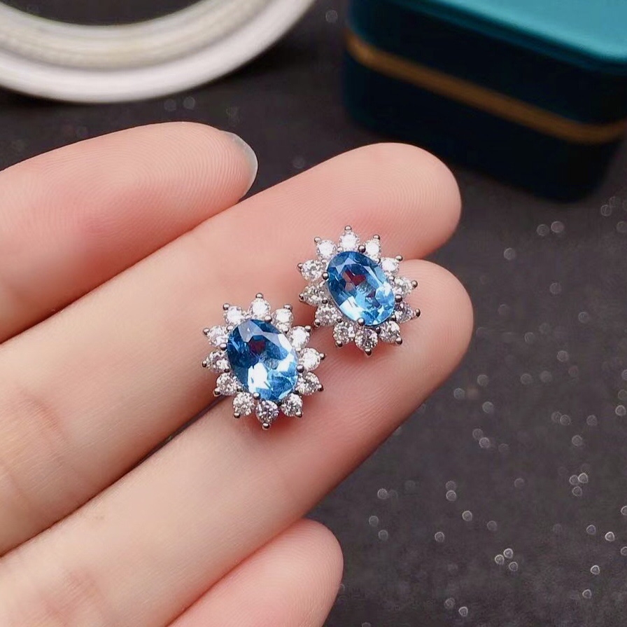 天然蓝托帕石耳钉纯银18k白金镶嵌彩宝水晶耳钉