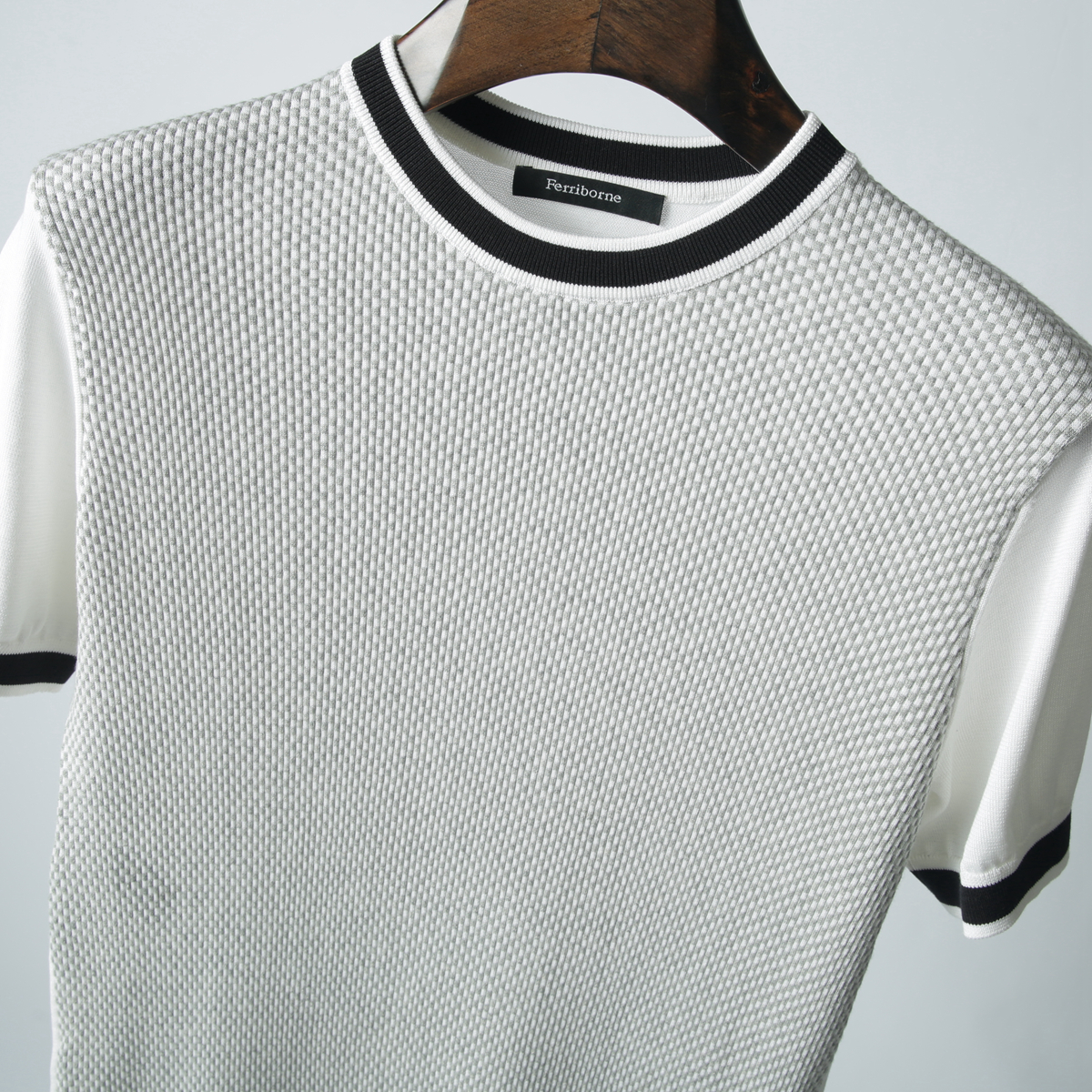 高端夏季男上衣 透气纯棉纹理针织撞色 男士时尚修身圆领短袖T恤