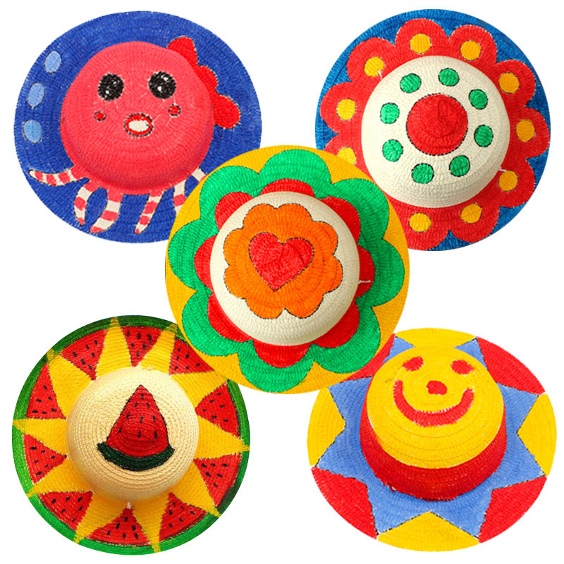 绘画草帽帽子儿童diy手工手工制制作创意美术白模填色