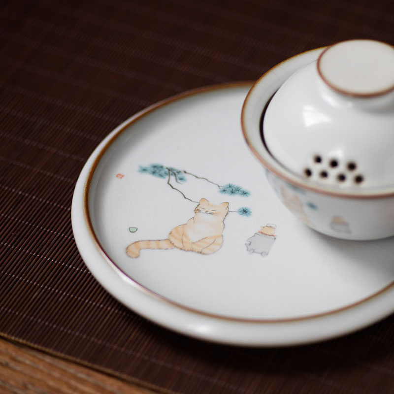 汝瓷开片猫壶茶托茶盘壶垫猫咪汝窑裂纹茶垫茶托