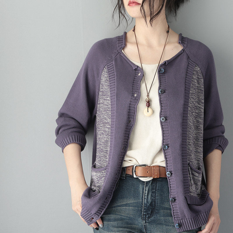 2019新款纯棉开衫外套上衣棉麻风格女装厚针织衫 妈妈装休闲短款