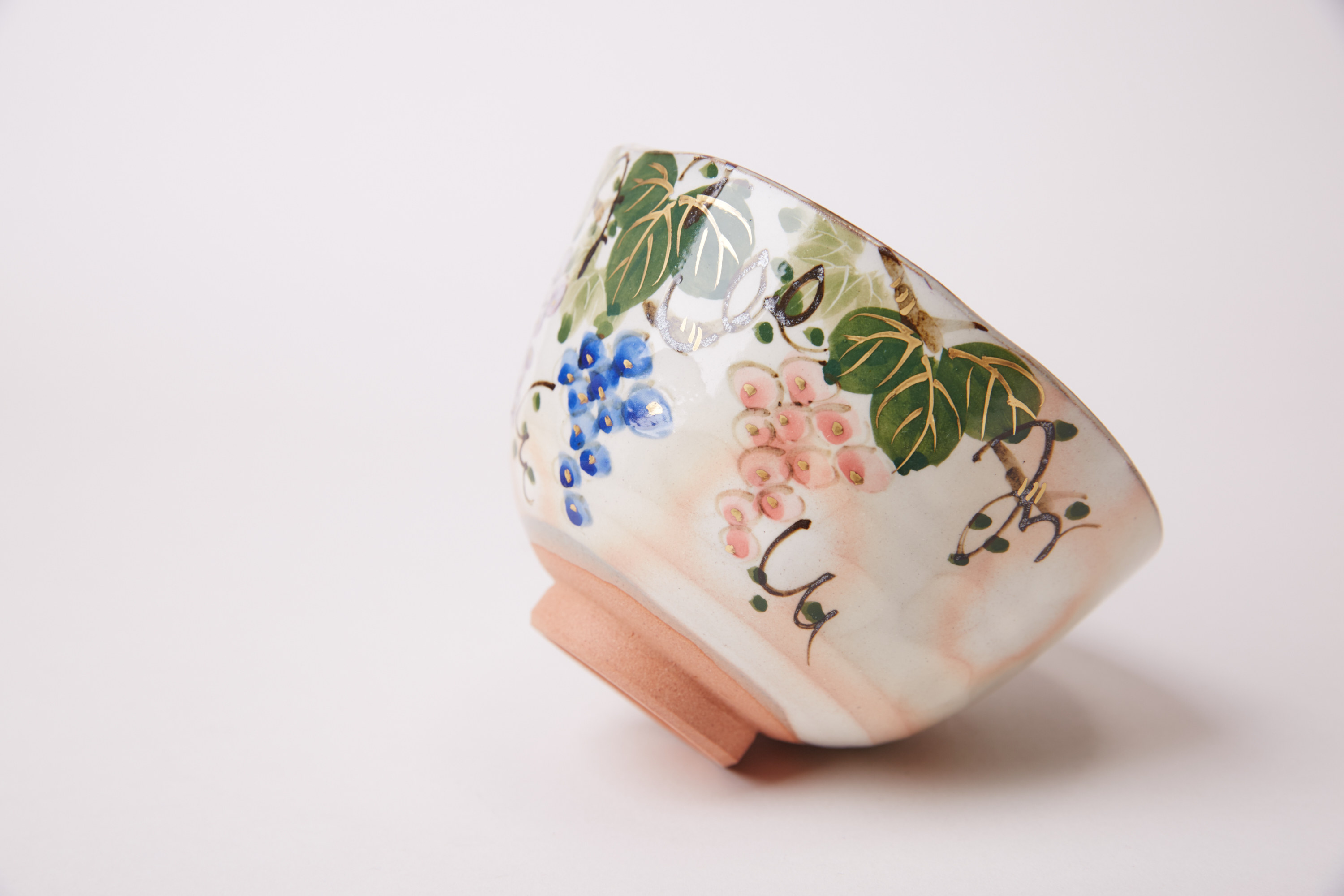 日本进口清水烧作家森俊山手作手绘葡萄图抹茶道