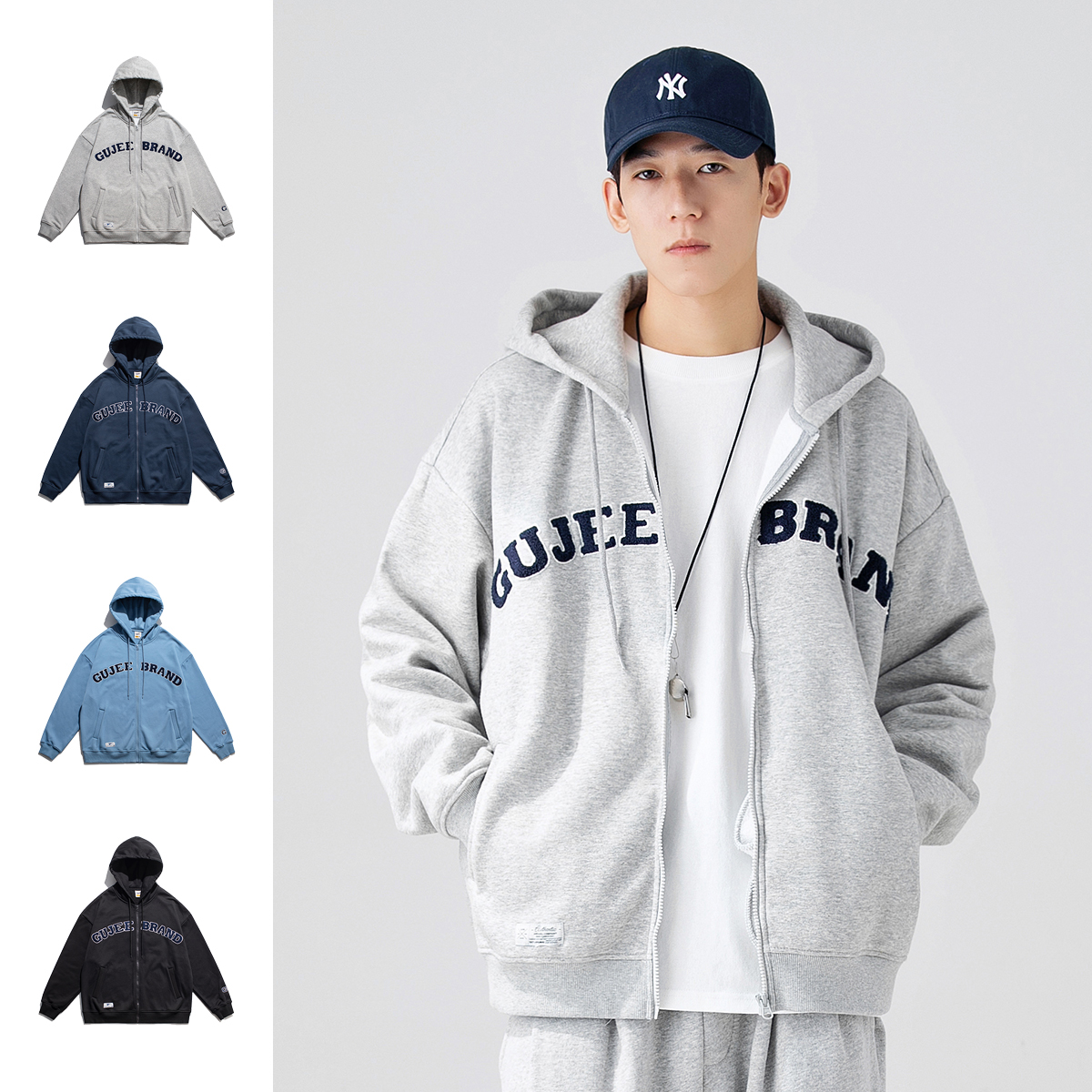 GBOY字母毛巾绣开衫卫衣男潮ins连帽上衣宽松潮流百搭加绒外套男