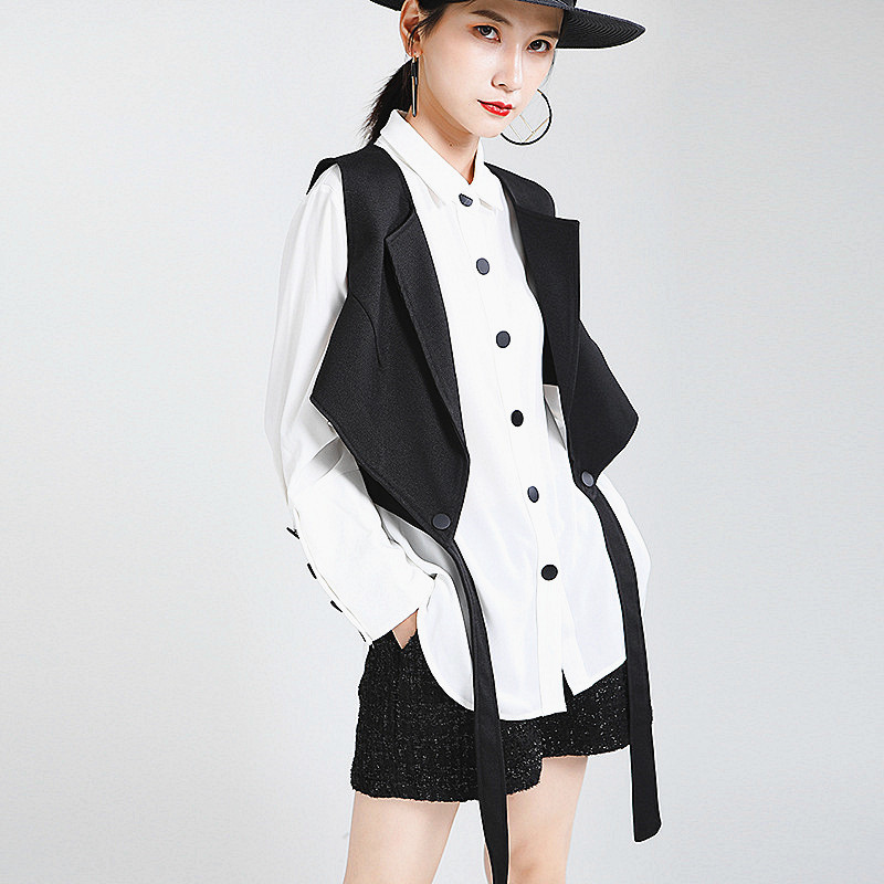 衬衫小马衬衣白衬衣显瘦复古马甲系带帅气设计衬衫