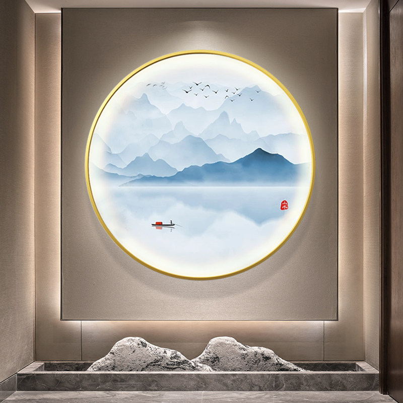 进门新中式圆形挂画背景墙现代轻奢装饰画玄关入户现代装饰画
