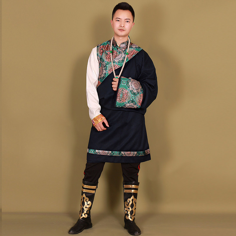 服装新品藏花边混纺棉毛藏族锦缎民族风西藏袍男民族服装