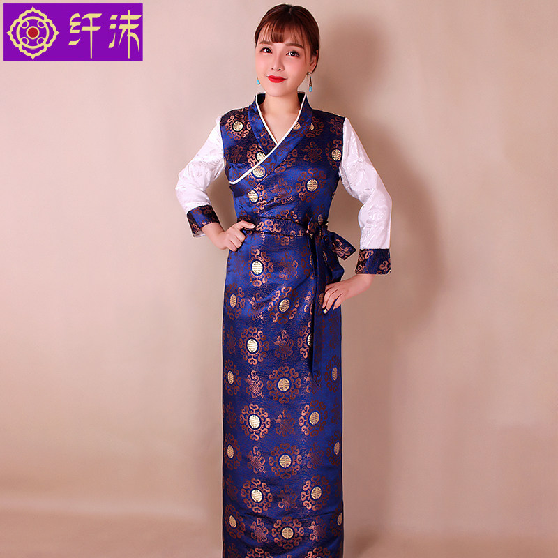 纤沫西藏服女 安多藏袍女西式藏装拼色藏服锅庄裙锦缎博拉民族风