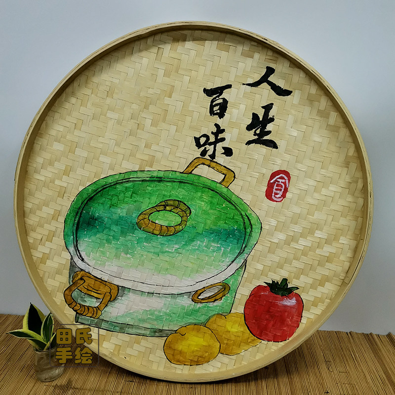 手绘竹编簸箕农庄农家乐墙面装饰画农作物挂件蔬菜工艺画