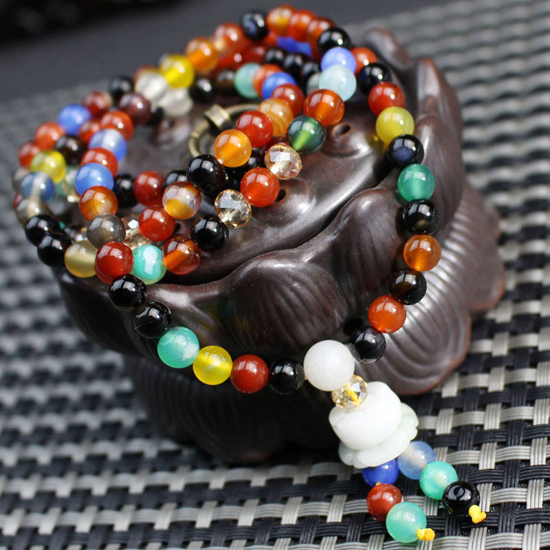 玛瑙多彩手链红黑七彩108颗佛珠手串多层男女手链