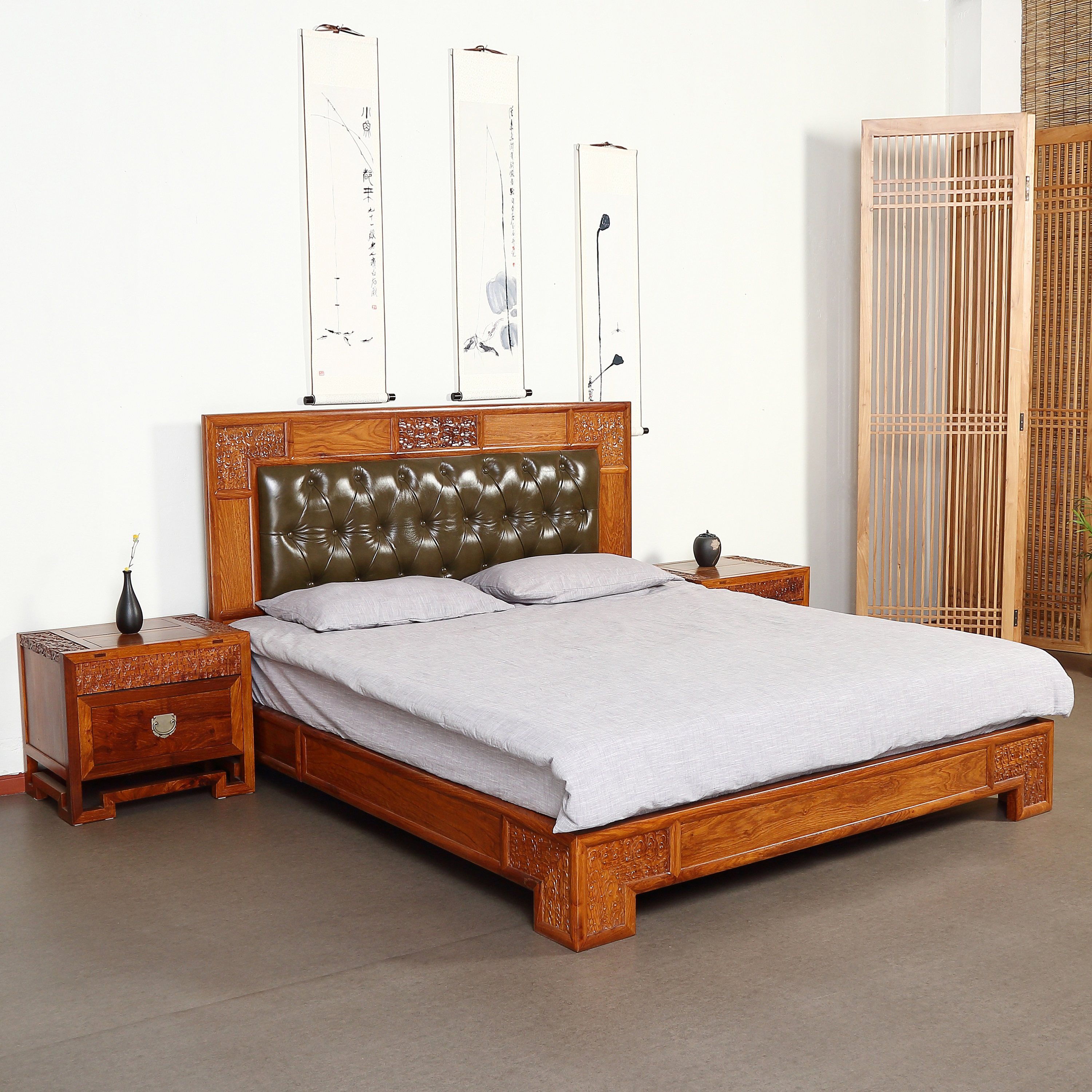 火爆红木家具床头柜双人床中式刺猬新中式大床红木苏梨实木床