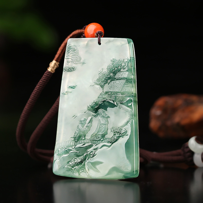 祥祯山水悦色翡翠吊坠冰种飘蓝花山水牌挂件颈饰