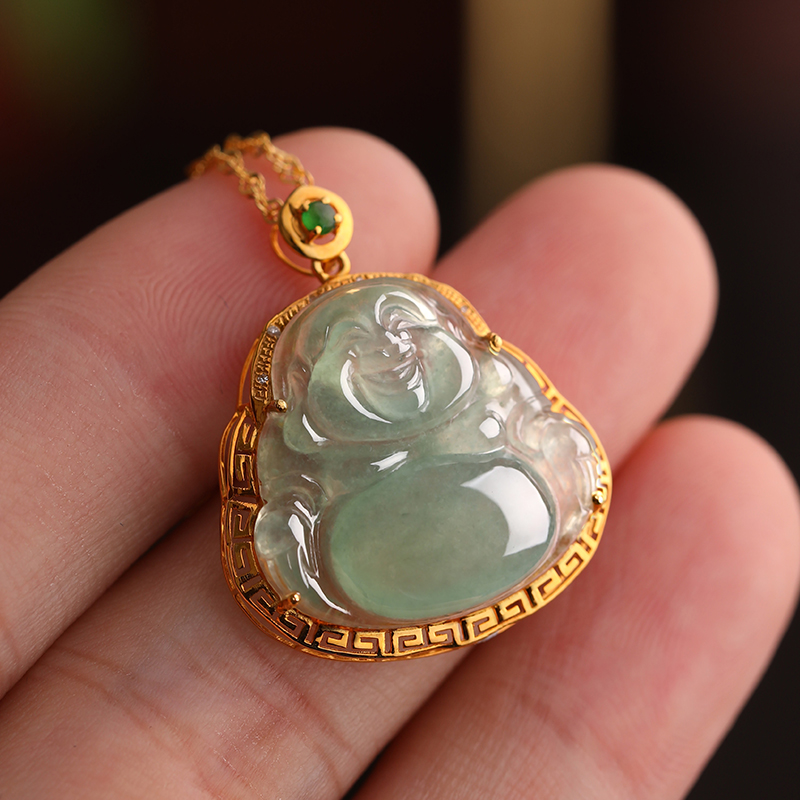 祥祯福天然翡翠吊坠女玉佛挂坠冰种晴底笑佛18k金镶玉坠弥勒佛