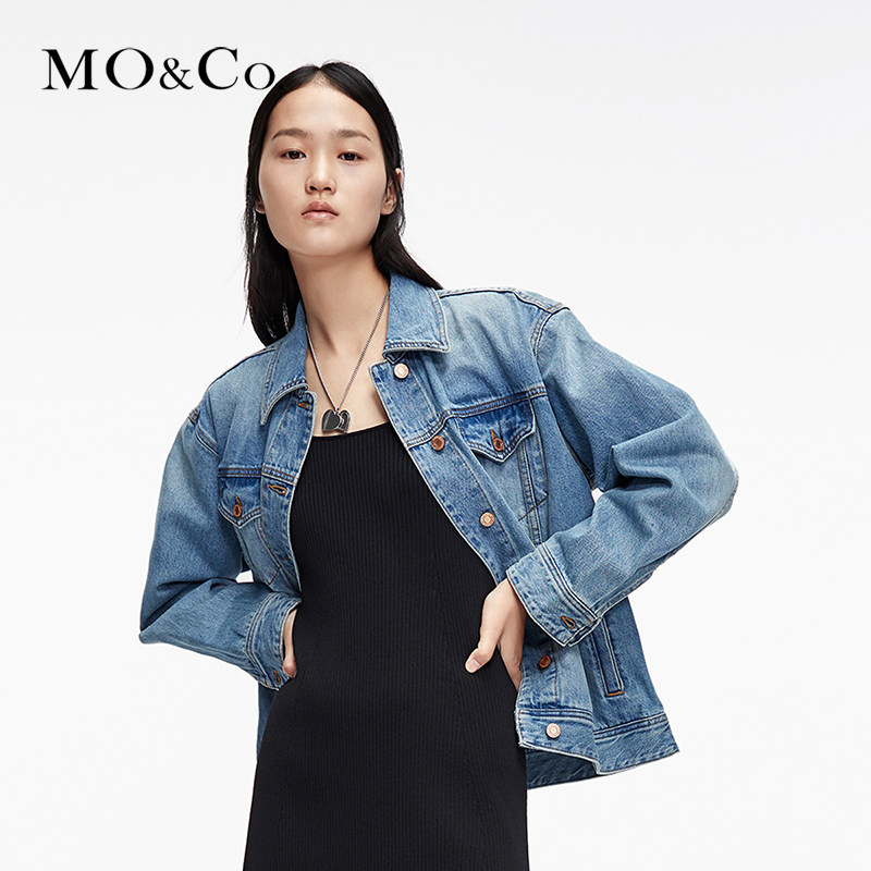 moco2021春季新款春秋街头恶搞太阳标语牛仔夹克短外套